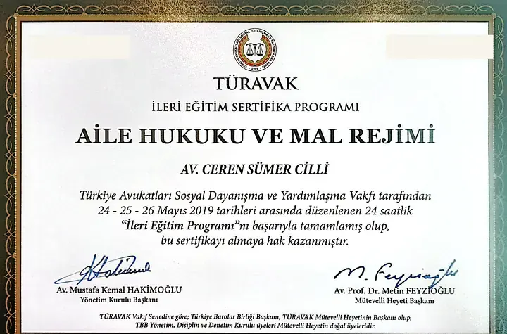 Av. Ceren Sümer Cilli’nin Aile Hukuku ve Mal Rejimi ileri eğitim sertifikası