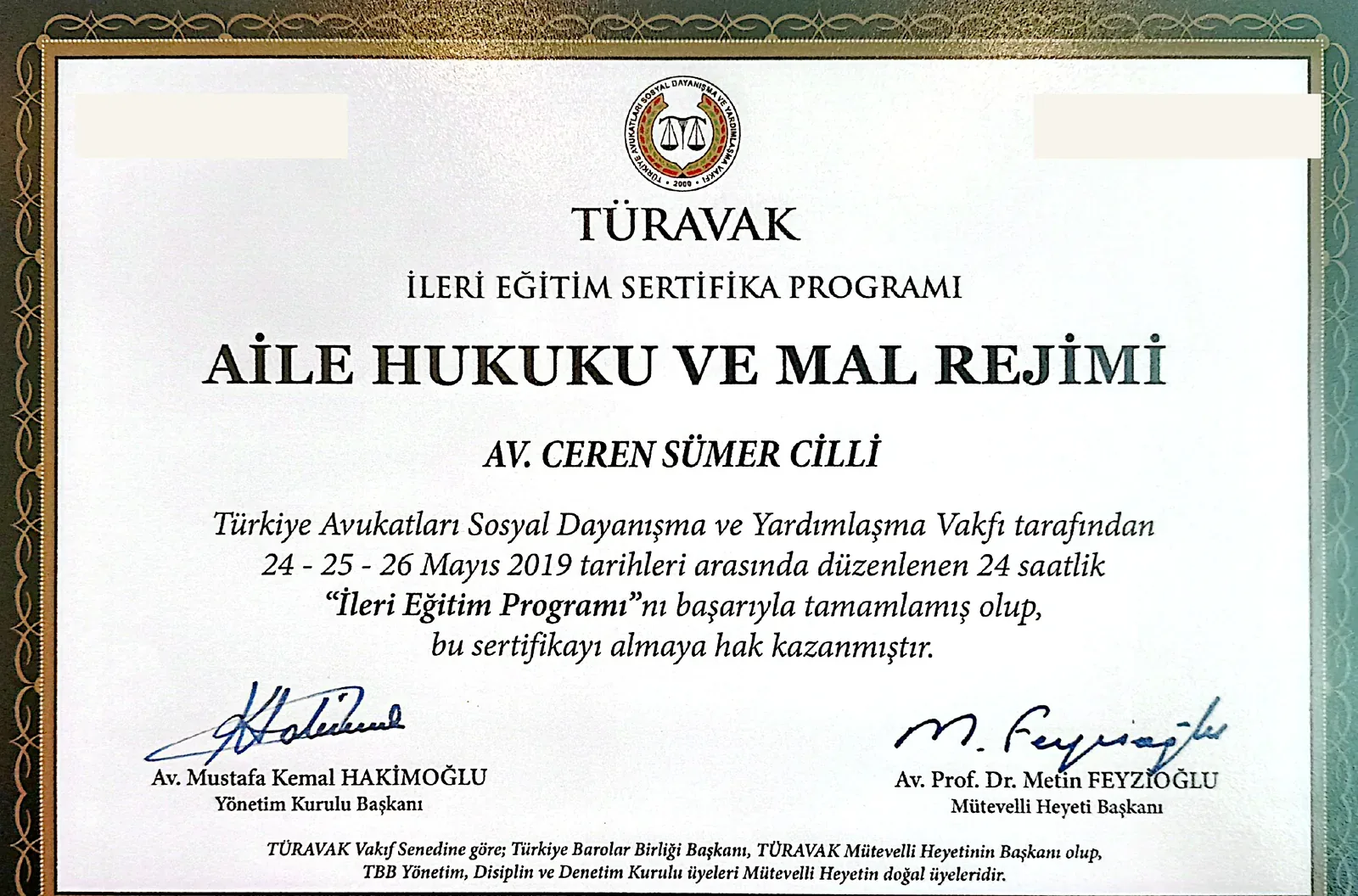 Av. Ceren Sümer Cilli’nin Aile Hukuku ve Mal Rejimi ileri eğitim sertifikası