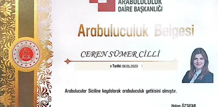 Av. Ceren Sümer Cilli’nin Adalet Bakanlığı Arabuluculuk Belgesi