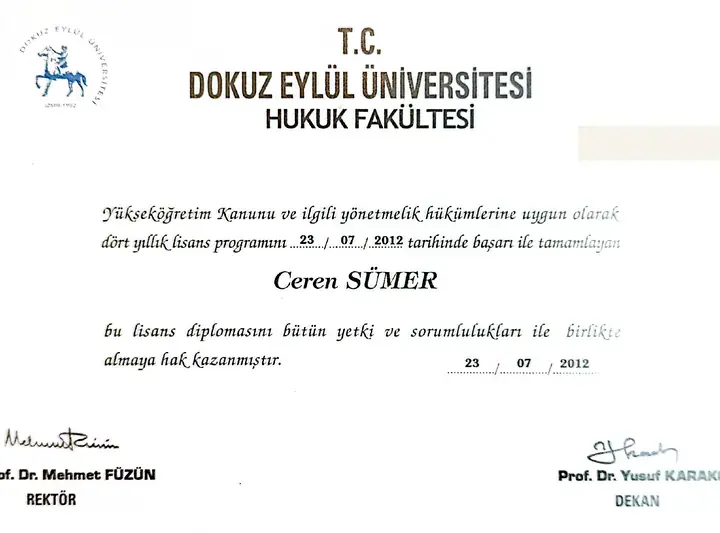Av. Ceren Sümer Cilli’nin Dokuz Eylül Üniversitesi Hukuk Fakültesi lisans diploması