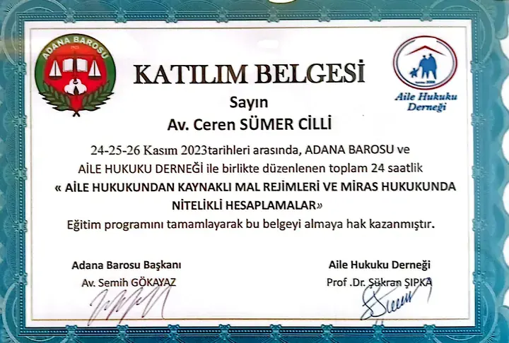 Av. Ceren Sümer Cilli’nin Mal Rejimleri ve Miras Hukukunda Nitelikli Hesaplamalar katılım belgesi